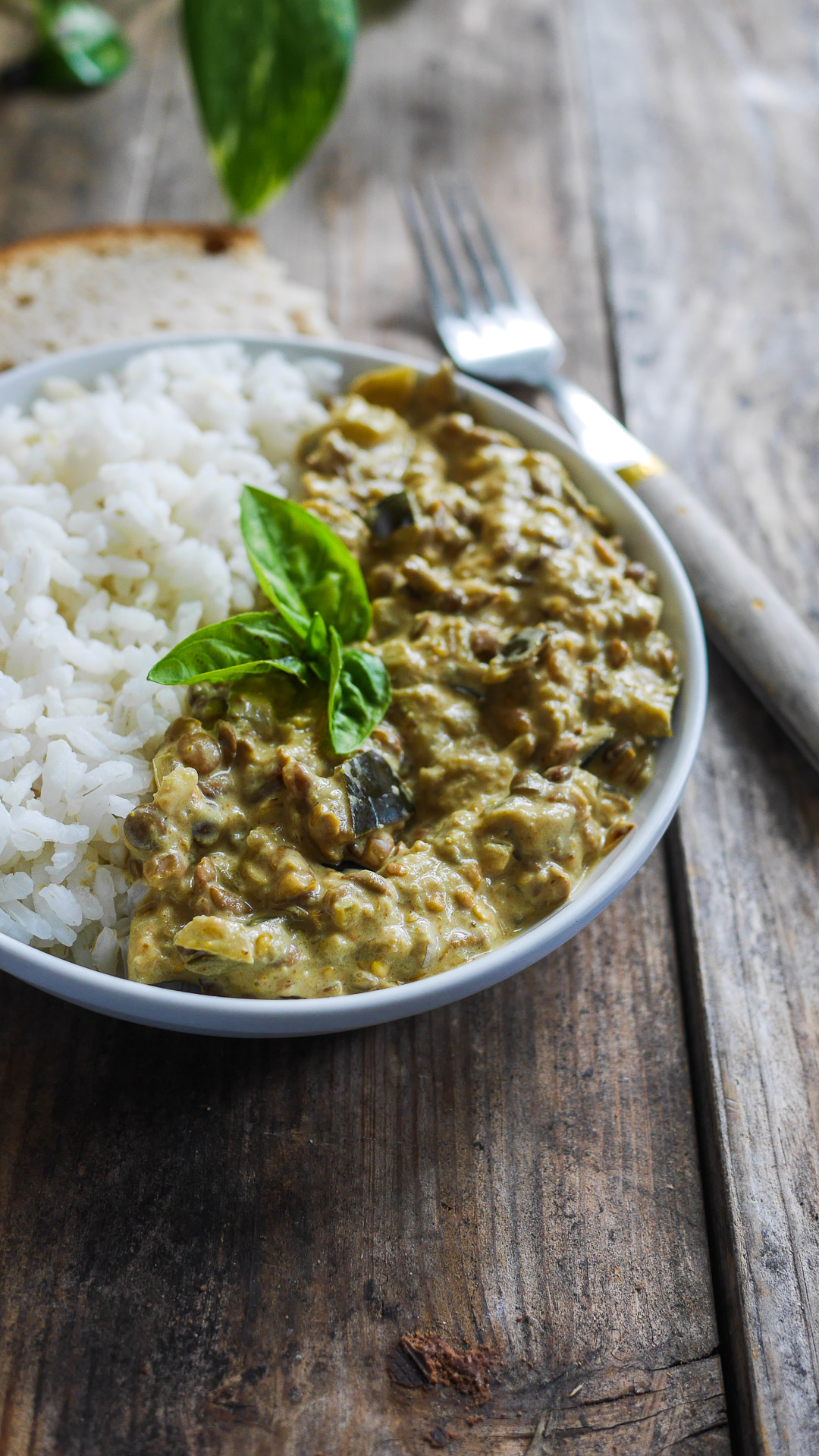 Assiette de curry d'aubergines aux lentilles et lait de coco